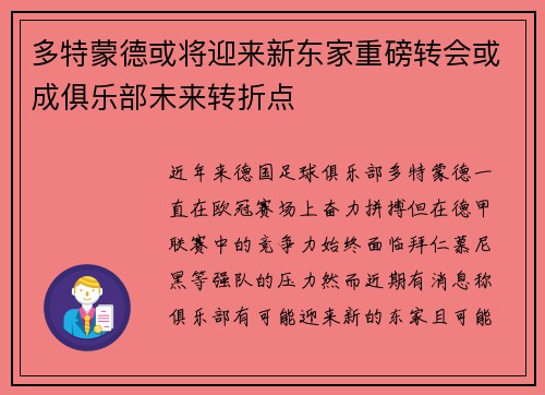 多特蒙德或将迎来新东家重磅转会或成俱乐部未来转折点