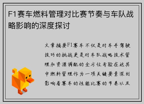 F1赛车燃料管理对比赛节奏与车队战略影响的深度探讨