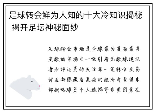 足球转会鲜为人知的十大冷知识揭秘 揭开足坛神秘面纱